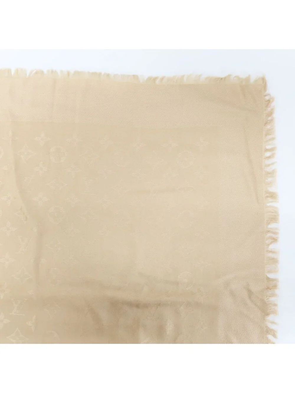 Louis Vuitton Heaven Shawl Large Monogram Fringe Silk Wool Beige Scarf
